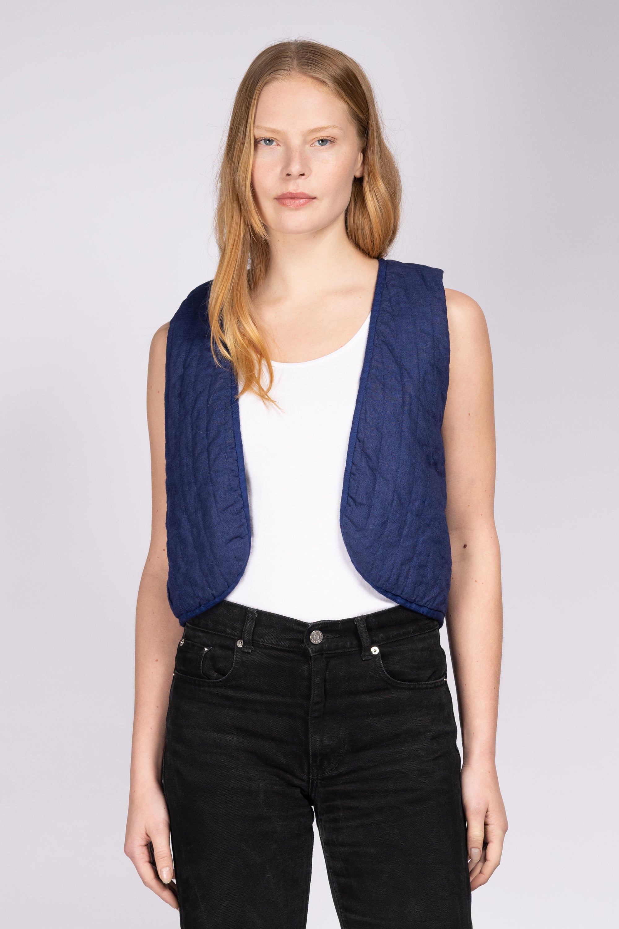 'Woodstock' Quilt Waistcoat - French Blue Linen
