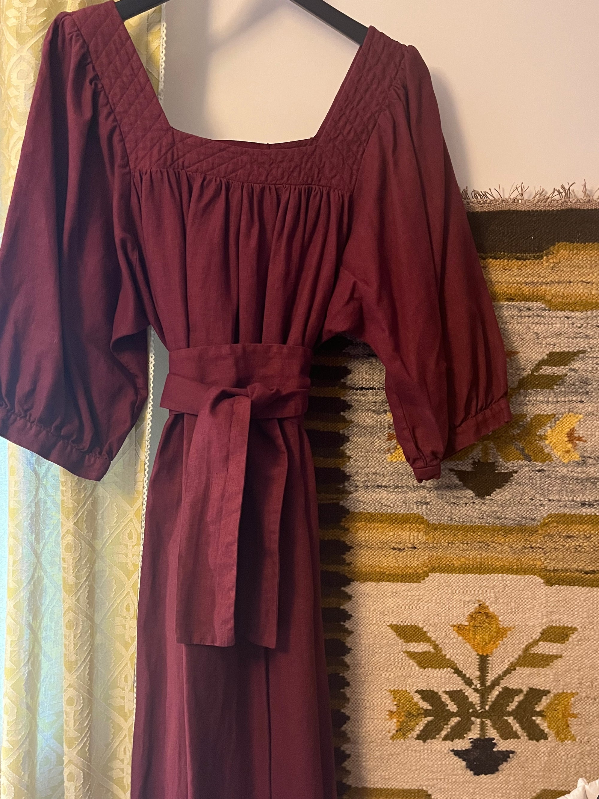 Square Neck Quilt Dress - Burgundy Linen